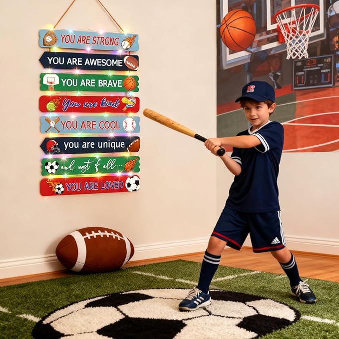 Cool Classic Sport Balls Sign Nursery Wall Decor Set of 8 With LED Lights, 16x5 Modern Motivational Cute Ball Plaque Wall Art for Baby Boy Kid Teen Toddlers, 4 PCS Wooden Quote Gift for Gameroom Gym