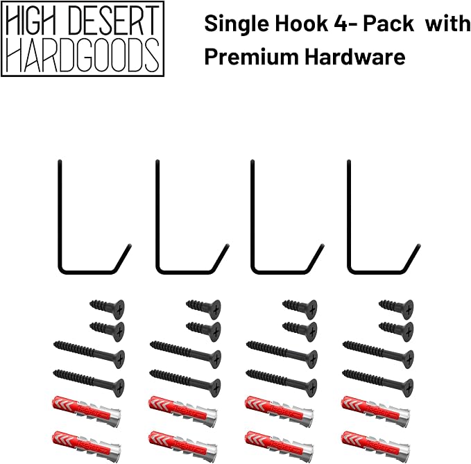 Wall Hooks Single Hook 4-Pack - Made in USA - 50 lb Capacity Stel Coat Hooks, Powder Coated Metal Wall Mount Hooks for Entryway, Garage, Bathroom.