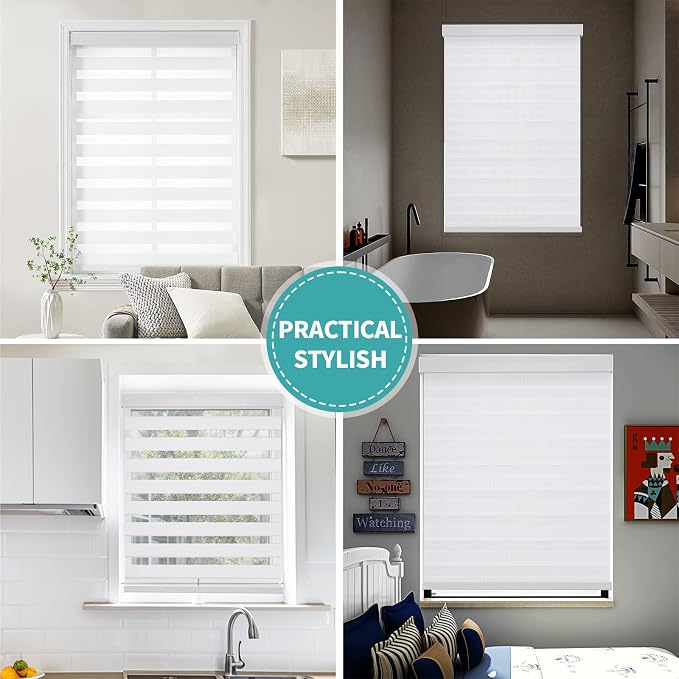 Joydeco Cordless Zebra Blinds (Pro), Dual Layer Light Control Zebra Blinds for Windows, Light-Proof Aluminum Cover, Free-Stop Roller Shades for Home & Office (White, 16" W x 48" H)