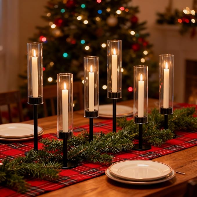 Black Hurricane Glass Candle Holders Set of 6 Tall Taper Candlestick Holder | Metal Candle Stick Holders, for Dining Dinner, Weddings, Christmas Fireplac Decorations, Table Centerpieces Decor