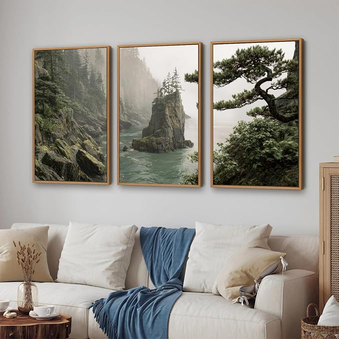 Rantodecor Coastal Forest Framed Canvas Wall Art, Pacific Northwest Coast landscape Wall Decor, Nature PNW Mountain Sea Art Paintings, Sage Green Pine Artwork for Bedroom Living Room Office 24"x36"x3