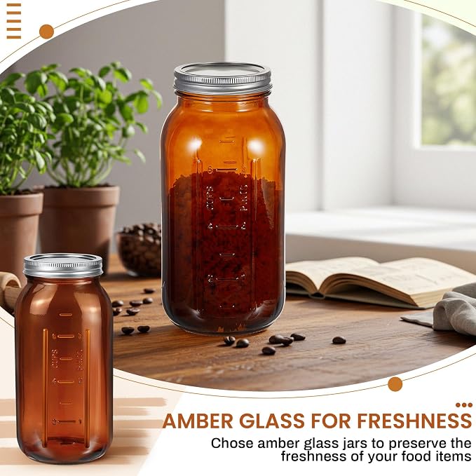 Norme 12 Pcs 64 oz Glass Mason Jars Glass Mason Jars Canning Container Set Embossed Half Gallon Fermenting Container with Airtight Lids for Canning Freezing Preserving Beverages Decor (Amber)