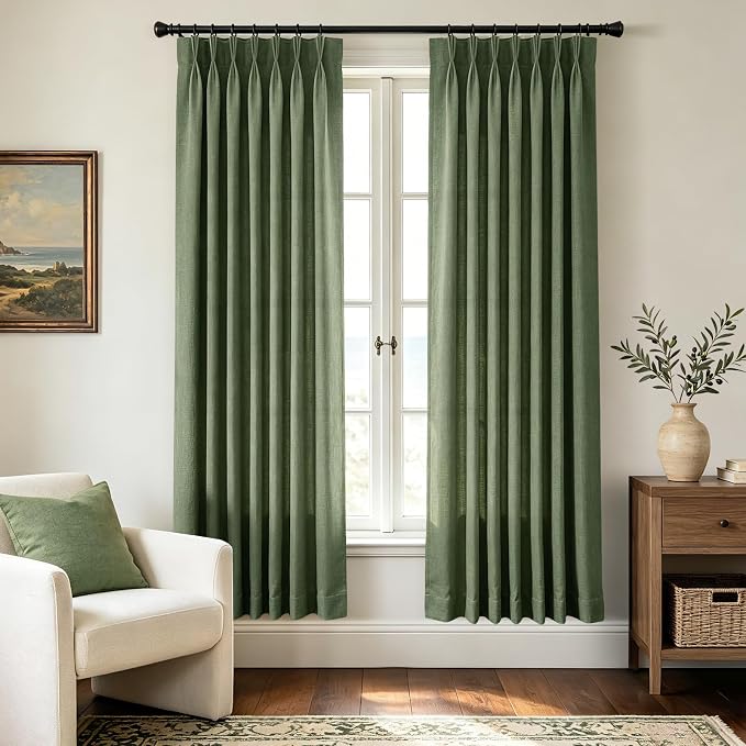 Textured Linen Triple Pinch Pleat Curtains Olive Green 40W x 72L Light Filtering Semi Sheer Drapes with Clips Hooks for Balcony Small Living Room Boho Casual Home Decor 2 Panels