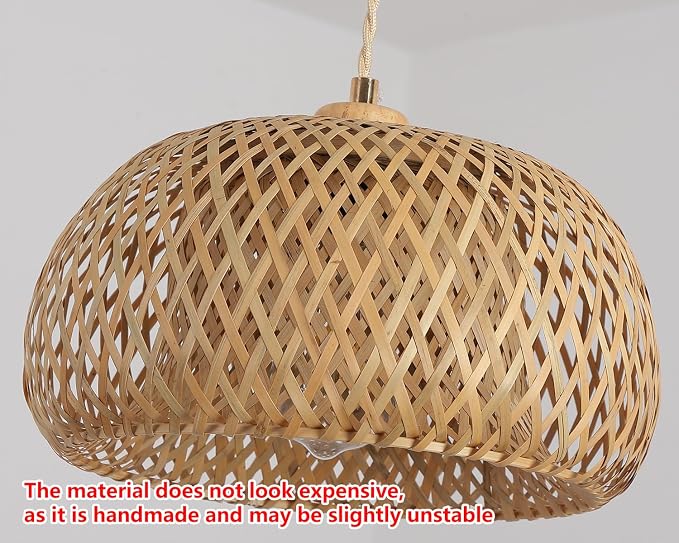 Bamboo Pendant Light Fixture One-Light Adjustable Boho Basket Handmade Woven Pendant Lighting for Kitchen Island Sink Farmhouse Dining Room