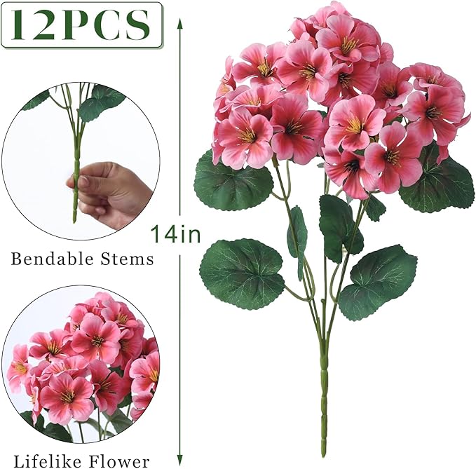 GLIDLION 12 Bundles Artificial Geranium Flowers for Spring Summer Decor, UV-Resistant Fake Plants Realistic Faux Silk Bouquets for Front Door Farmhouse Garden Porch Home Outdoor Decor (Peach Pink)