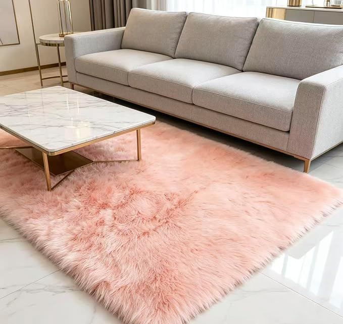 Faux Fur Rug Fluffy Sheepskin Area Rug,Ultra Soft Shaggy Plush Rug Bedroom Living Room Sofa Floor Kids Room Bedside（3 x 5 ft Rectangle Pink）