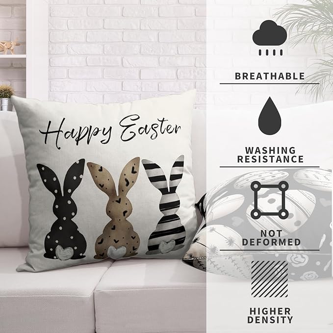 Happy Easter Throw Pillow Covers Striped Polka Dot Brown Bunny Pillow Covers 16x16 Black White Easter Eggs Pillow Cases Spring Rabbit Farmhouse Cushion Case for Home Sofa 2 Pack