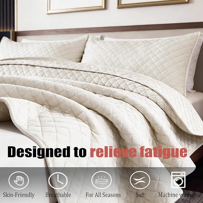 Velvet Oversized King Quilt Size Set 120x120 Luxury Ultra Soft Bedspread Coverlet 3-Piece King Comforter Sets with 2 Pillow Shams 20x36 Cozy All Seasons Velvet Bedding Set, Cream White