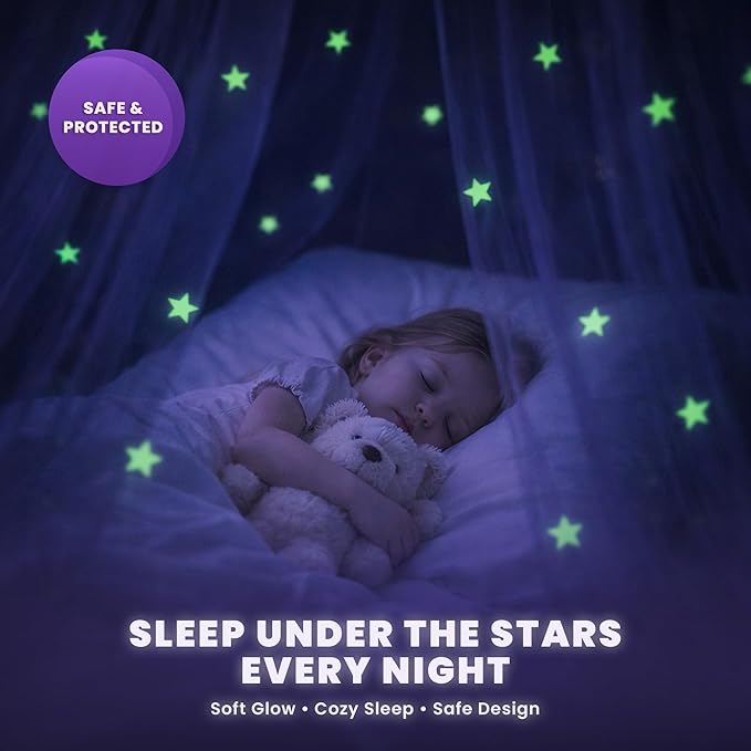 Bollepo Purple Bed Canopy for Girls with Glowing Stars - Princess Netting Room Decor, Ceiling Tent to Cover Toddler | Single, Twin, Full, Queen Size Kids Bed, Fire Retardant Fabric