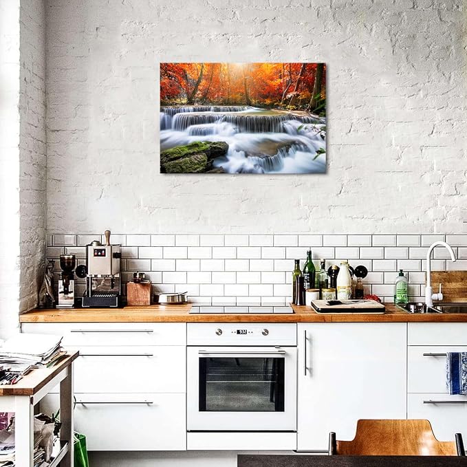 Waterfall Wall Art Nature Forest Mountain Landscape Wall Decor Bathroom Tropical Red Maple Leaves Canvas Prints Living Room Rustic Sunshine Scenery Artwork for Kitchen Office Bedroom Decoration 20x30"