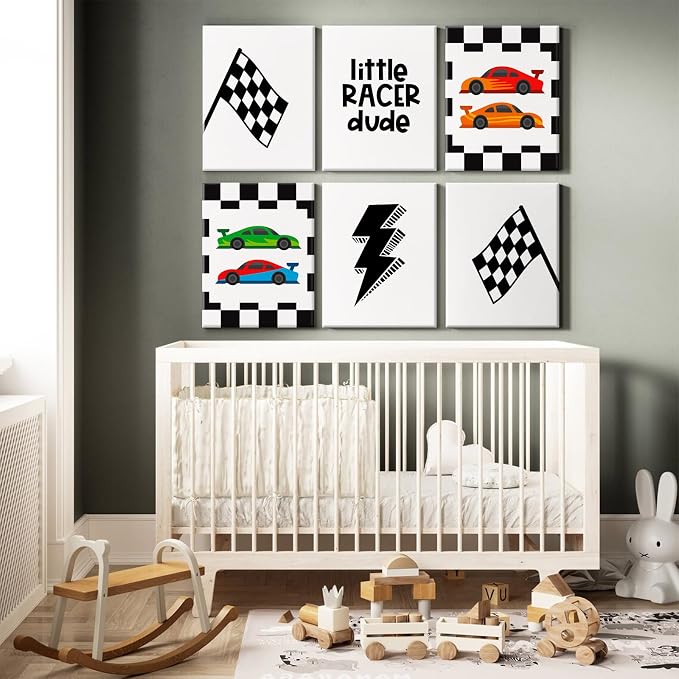 Race Car Wall Art Pictures Boys Room Wall Decor Nursery Toddler Canvas Wall Art Kids Playroom Art Prints Boys Race Car Poster Nursery Artwork Set of 6 for Bedroom 12x16 Inch Framed