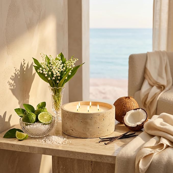 5-Wick Scented Candle-Sea Salt & Bergamot & Coconut,Soy Coconut Wax Blend Candle with Acacia Wood Lid,44oz Large Candle,55-Hour Long Burning,Aromatherapy Candle for Home Decor