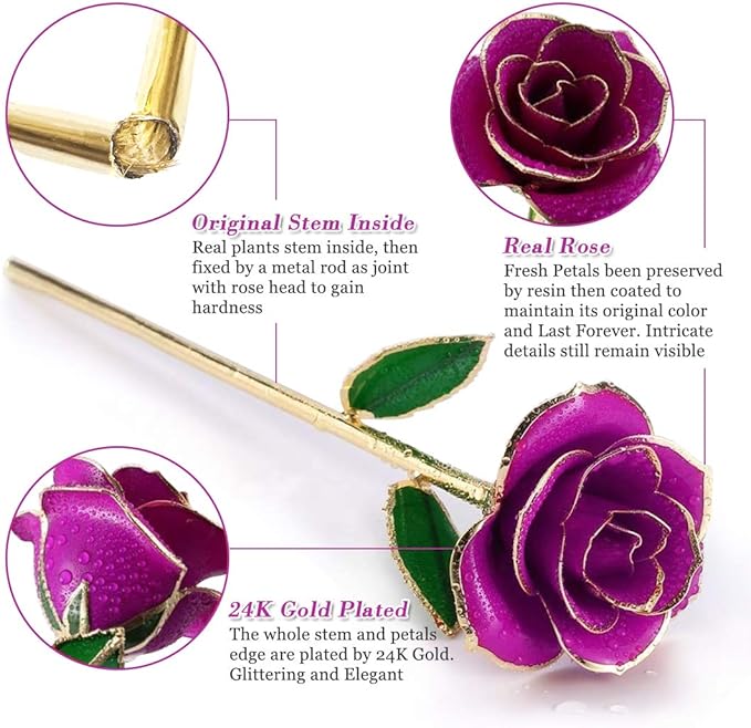 Ejoyous Gold Plated Rose 24K, Forever Preserved Real Rose Lover Mom Wife Daughter Girl Friend, Unique Present on Mother's Day, Wedding Anniversary, Birthday, Proposal, Reward (