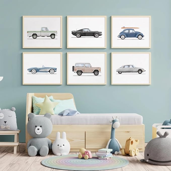 Blue Car Wall Art Decor Boys Room Wall Art Vintage Cars Canvas Poster Pictures Toddler Kids Room Prints Watercolor Vehicle Artwork Painting for Boys Bedroom Nursery 12x16 Inch Unframed Set of 6