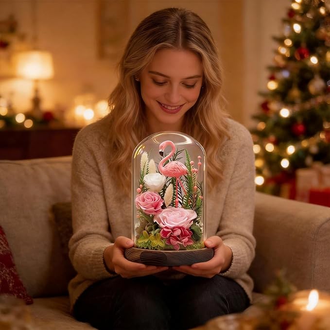 Eternal Flowers with Flamingo-Big Flower Big Love-Valentines Day Gifts for Her Mom Wife - Forever Flower in Glass Dome-Flowers for Delivery Prime | for Anniversary Birthday Mothers Day (Pink)