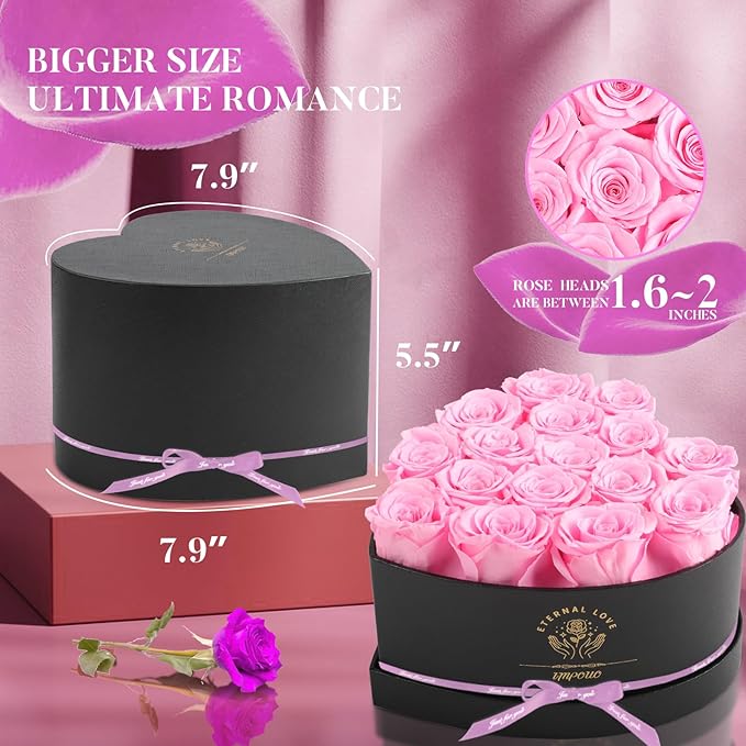 Impouo 16-Piece Forever Flowers Heart Shape Box - Preserved Roses, Birthday Gifts For Women- Flower Delivery Prime, Valentines, Anniversary, Wedding Gifts- Pink Roses