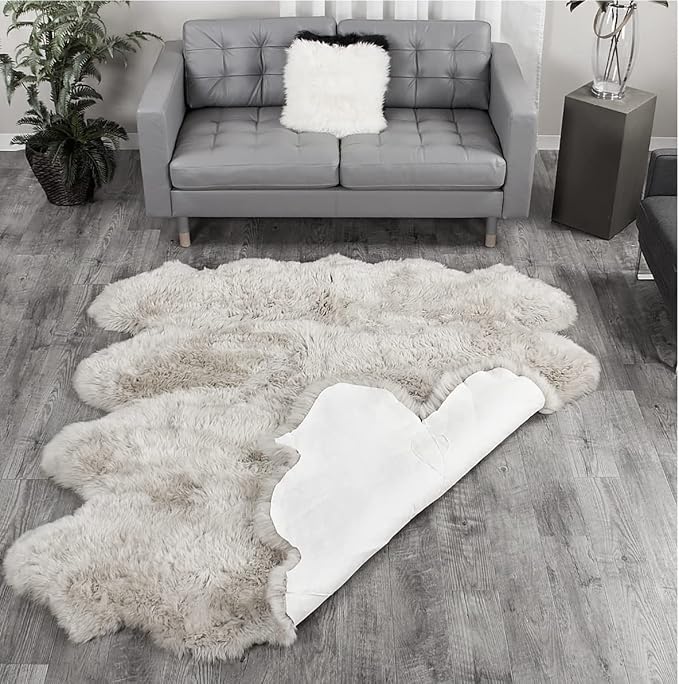 HUAHOO Premium Genuine Sheepskin Rug Real Australia Sheepskin Natural Luxury Fluffy Lambskin Fur Area Rug Seat Covers for Kids Bedroom Sofa Chair Cover Pets Dogs Mat Eight Pelt /6.2' x 7' Linen