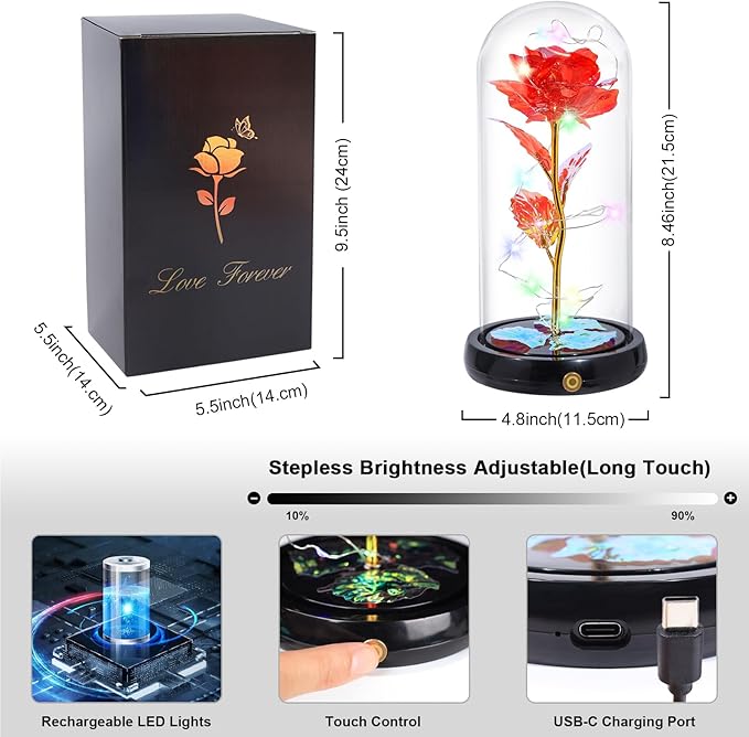 Mothers Day Flowers Gifts for Mom Women Birthday Gift, Rechargeable Galaxy Glass Rose in Glass Dome Forever Crystal Rose Flowers Mother's Day Roses Gifts for Mom Daughter Wife Women Grandma Sister Red