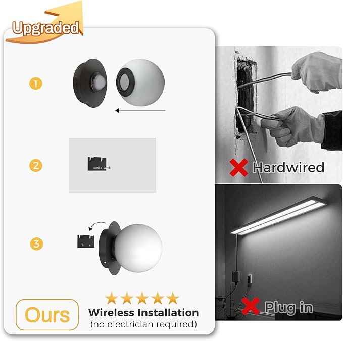 L LOHAS LED Battery Operated Wall Sconce Set of 2, 2-in-1 Rechargeable 10000mAh Wireless Globe Wall Lights with Remote, 16 RGB Colors Dimmable Modern Black Sconces for Bedroom & Living Room Decor
