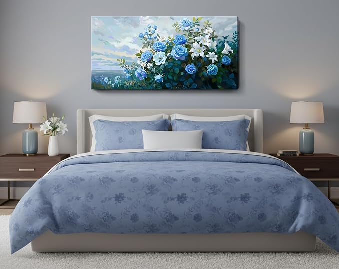 Nicetop Extra Large Floral Canvas Art for Living Room – Elegant Botanical Wall Picture with White Lilies, Blue Roses & Green Leaves – Horizontal Nature Artwork for Bedroom, Office, Kitchen, 58x29 Inch