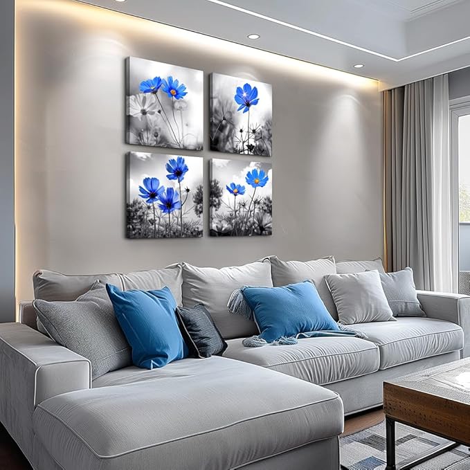 wall art for living room Black and White cyan blue flower Big Canvas Prints Wall Decor Artwork 16" x 16" 4 Pieces Framed Black Border Ready to Hang for bedroom kitchen Home Decoration withoffice
