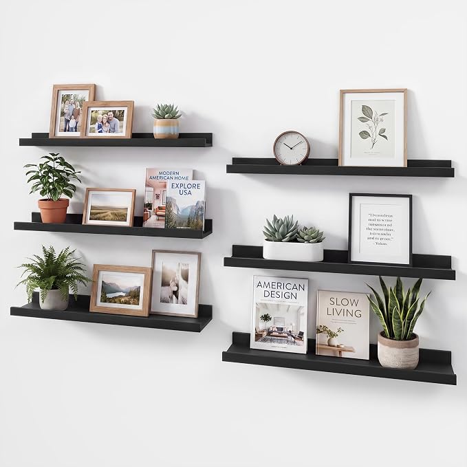 Acovy Floating Shelves Set of 6, 24 Inch Wall Mounted Picture Ledge Shelf with Lip, Black Display Shelves for Living Room, Bedroom, Nursery, Bathroom & Kitchen