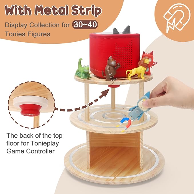 360° Rotating Storage Shelf for Toniebox1/2, 3-Tier Organizer Holder for 30~40 Tonies Figures, Wooden Magnetic Stand Display for Tonie Box + Characters + Tonieplay Game + Controller