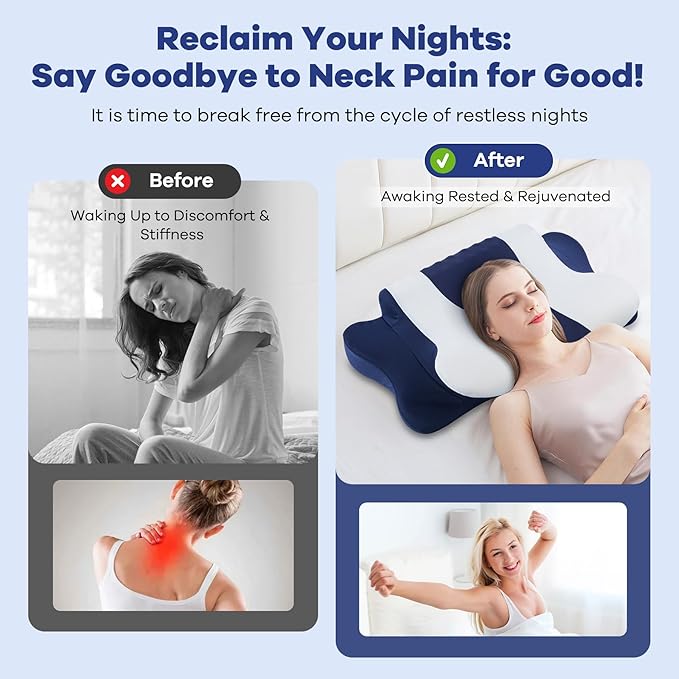 Cervical Neck Pillow for Pain Relief,Cervical Pillow with Memory Foam Ergonomic Pillows with Dual Heights for Back,Stomach and Side Sleepers Kids' Floor Pillows Cushions (Blue, Standard 26"×15")