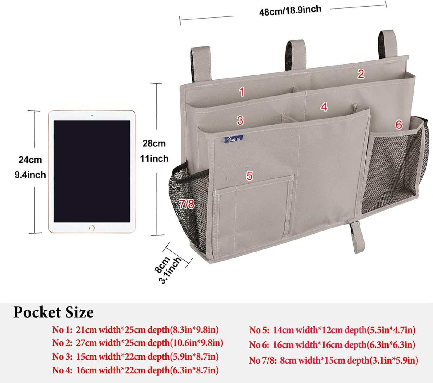 Surblue Bedside Caddy Hanging Bed Organizer Storage Bag Pocket for Bunk and Hospital Beds, College Dorm Rooms Baby Bed Rails,Camp (8 Pockets),Gray
