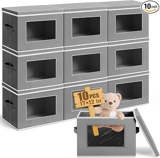 Threehoney 10 Pcs Fabric Storage Cubes with Lids and Clear Windows 17x12 Inch Foldable Closet Organizer Bins Aesthetic Dark Gray Storage Bins for Shelves Dorm Essentials Craft & Office Organization