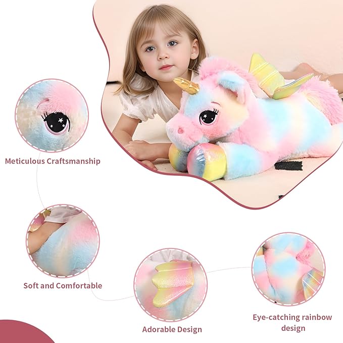 FFxiong 24 Inch Multicolored Big Unicorn Stuffed Animal Plush Toy Pillow, Cute Soft Giant Unicorn with Rainbow Wings Large Doll, Gift for Children Girl Boy Kids Birthday Valentine Christmas