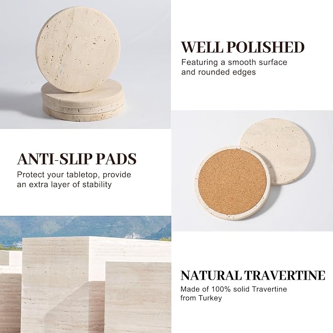Koville Travertine Coasters, Marble Coaster Set of 4 for Drinks, 4" Round Stone Coasters Set Heat Resistant, Decorative Modern Cup Coaster for Coffee Table Home Bar Decor, Unique Gift Choice(Beige)