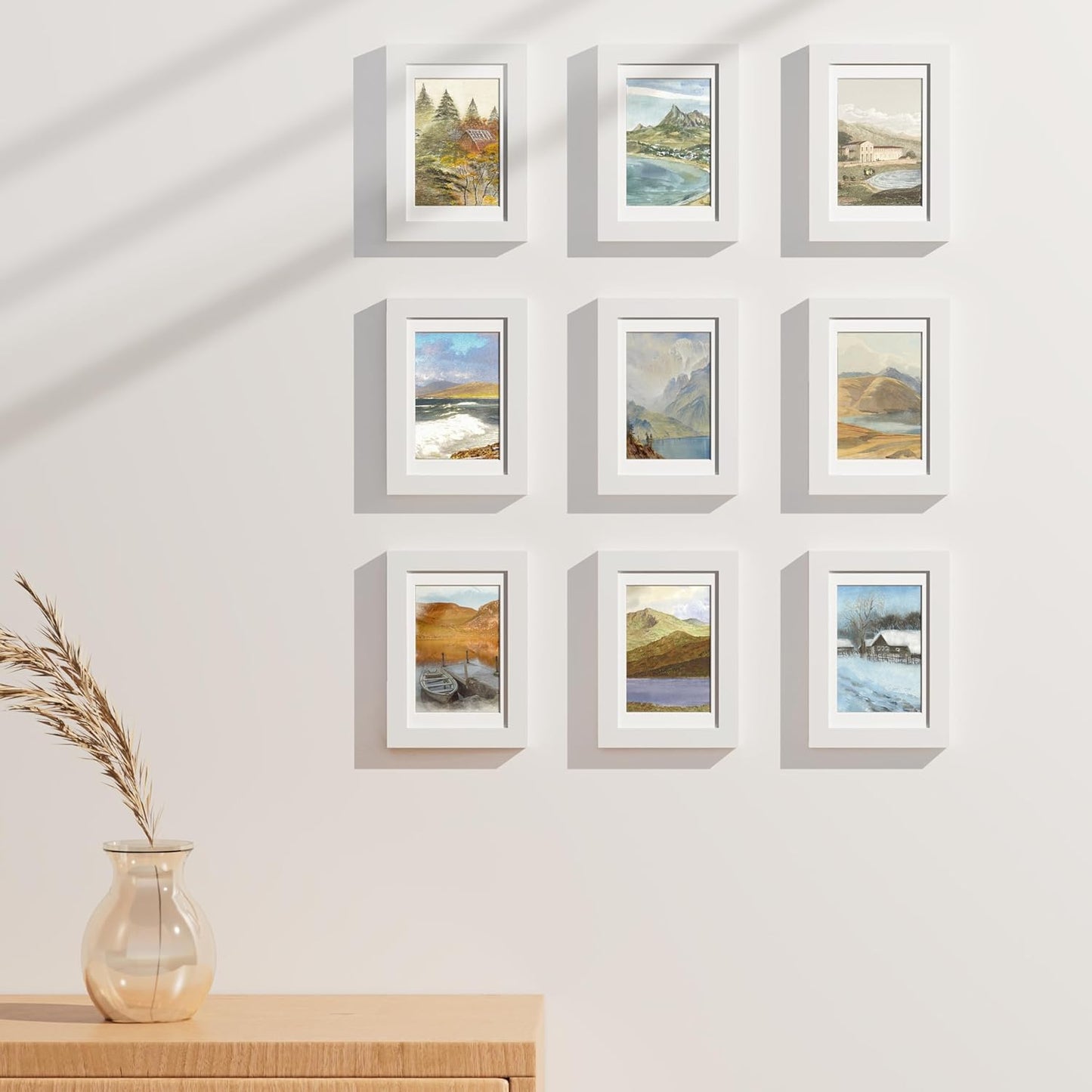 Vittanly 4x6 Picture Frames Set of 9, Shatter Resistant Plexiglass, Display 3.5x5 Pictures with Mat or 4x6 without Mat, Photo Frames for Wall or Tabletop, Engineered Wood, White
