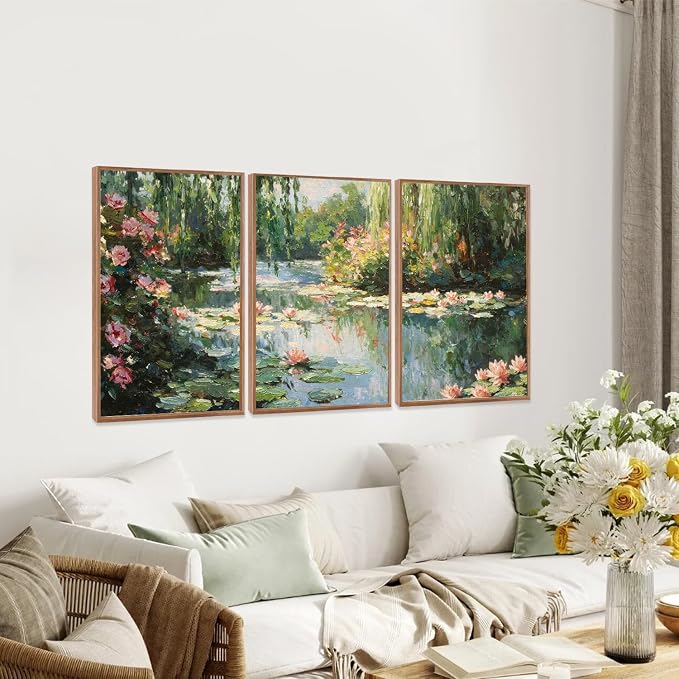 LHIUEM Monet Water Lilies Floral Framed Canvas Wall Art Set,Vintage Impressionist Botanical Wall Decor,Oil Paintings Style Flowers Artwork for Living Room,Bedroom,Dining Room,Office -24"x36"x3