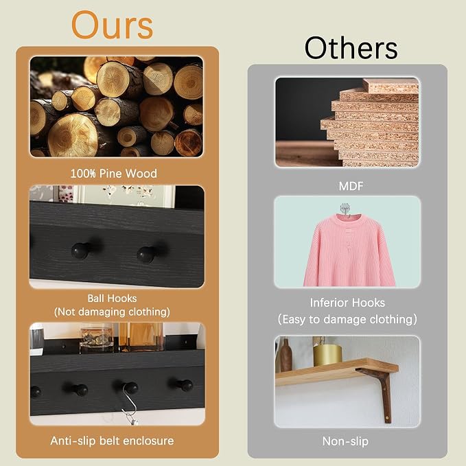 MBYD Solid Wood Black Floating Shelves for Entryway, 24 Inch Wall Shelf with Hooks & Wooden Pegs, Modern Versatile Picture Ledge to Organize Living Room, Bedroom, Declutter Items & Hang Keys, Bags