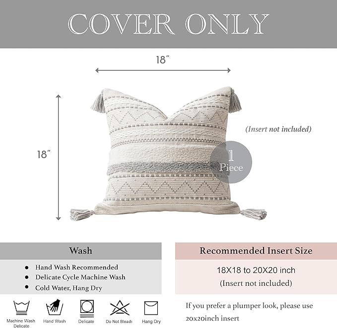 BlissBlush 18X18 Throw Pillow Cover, Cream Neutral Square Decorative Cushion Cover with Gray Pattern, Boho Accent Pillowcase with Tufted Details and Tassels for Couch Sofa Living Room (Cover Only)