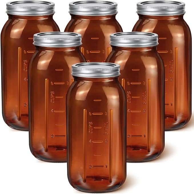 Norme 6 Pcs 64 oz Glass Mason Jars Glass Mason Jars Canning Container Set Embossed Half Gallon Fermenting Container with Airtight Lids for Canning Freezing Preserving Beverages Decor (Amber)
