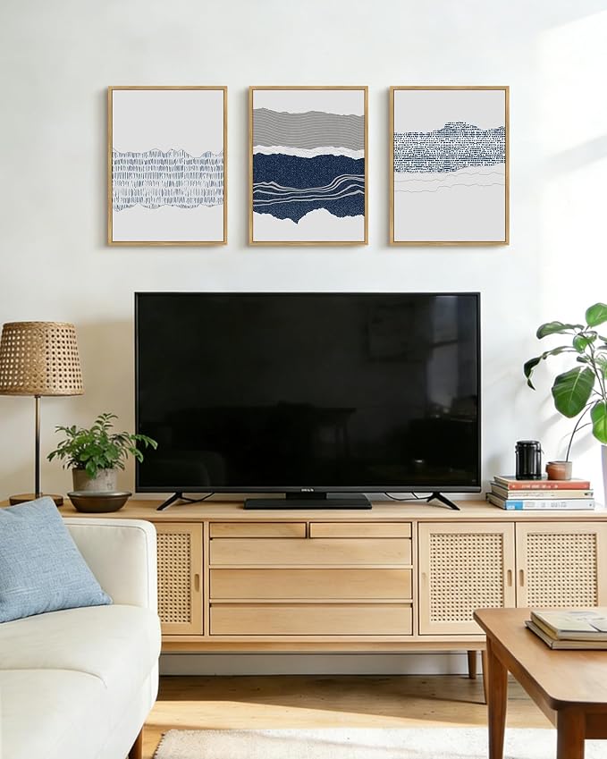 PHOPAGO Navy Blue Abstract Shapes Framed Wall Art Mid Century Minimalist Boho Wall Decor Modern Neutral Rustic Farmhouse Living Laundry Decor - 12x16in Natural Framed