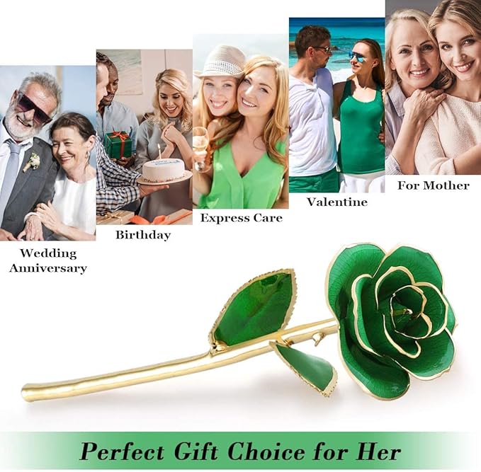 Gold Plate Rose, 24k Gold Dipped Preserved Long Stem Rose Flower for Her Women Wife Mother Girlfriend, Green Rose with Stand