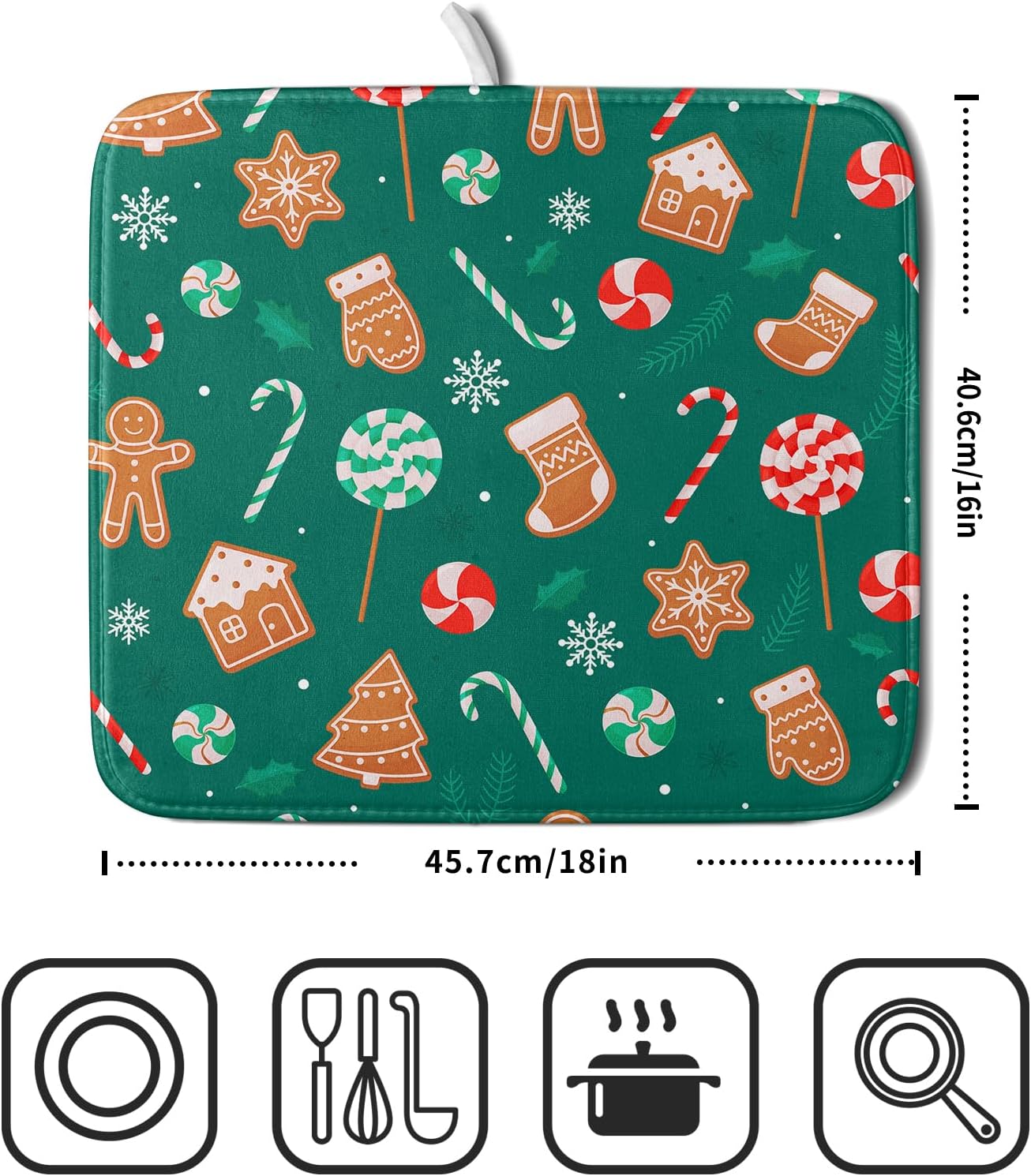 Gingerbread Dish Drying Mat for Kitchen Counter Holiday Green Super Absorbent Reversible Microfiber Kitchen Countertop Protector Dishes Pad Small 16x18 inch