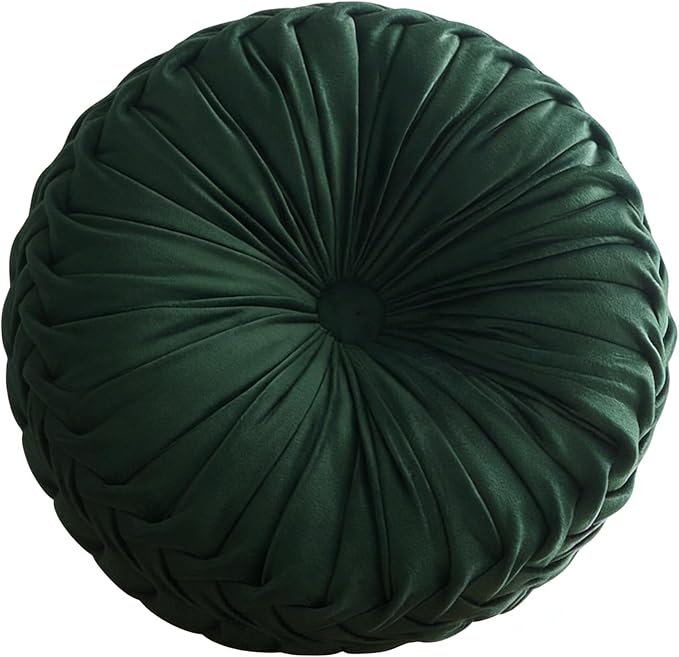 15" Round Pillow for Couch, Circle Velvet Pleated Throw Pillow,Decorative Round Floor Cushion,Pumpkin Chair Cushion for Bed Chair Car Sofa Home Decor Dark Green