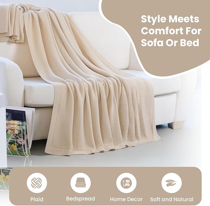 Dalisa 100% Organic Turkish Cotton Throw Blanket - GOTS Certified, Cozy - Perfect for Couch, Bed, and Home Decor - Boho Vintage Knit Alina (Beige, 60x80)