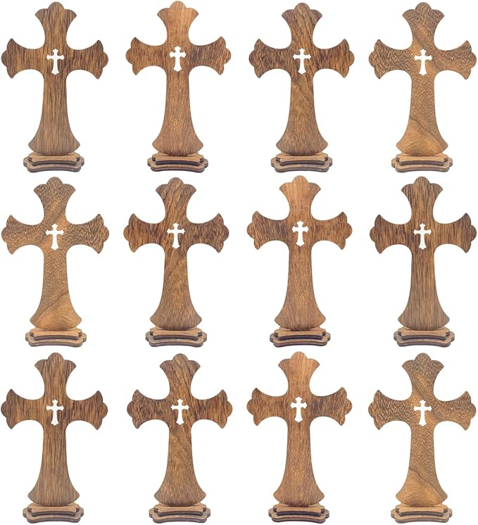 9 Inch 12 Pack Brown Wood Standing Crosses Wooden Tabletop Cross Rustic Cross for Baptism Centerpieces Home Church Decor Prayer Gifts