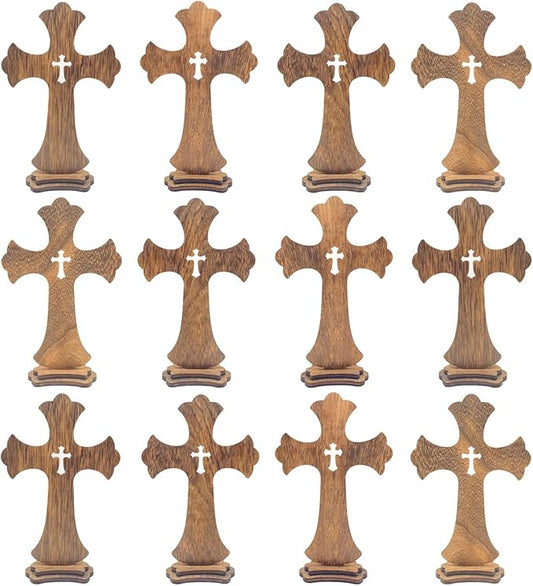 9 Inch 12 Pack Brown Wood Standing Crosses Wooden Tabletop Cross Rustic Cross for Baptism Centerpieces Home Church Decor Prayer Gifts