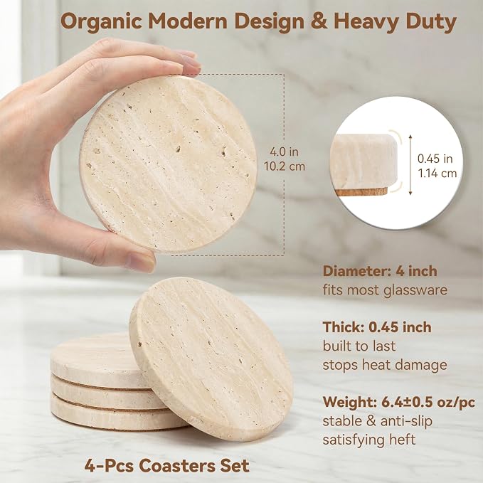 Travertine Marble Coasters Set of 4, 4" Round Rustic Farmhouse Drink Coasters for Coffee Table Decor, Thick Heavy Stone Coaster with Cork Backing, New Home Accent, Gift Boxed for Housewarming