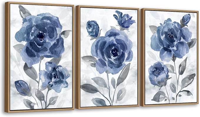 Large Framed Canvas Wall Art - Natural Float Framed Modern Indigo Flowers Pictures Decor Dark Blue Floral Grey Leaves Artwork for Bedroom Living Room Kitchen Home Office Decoration 72" X 36" Set of 3