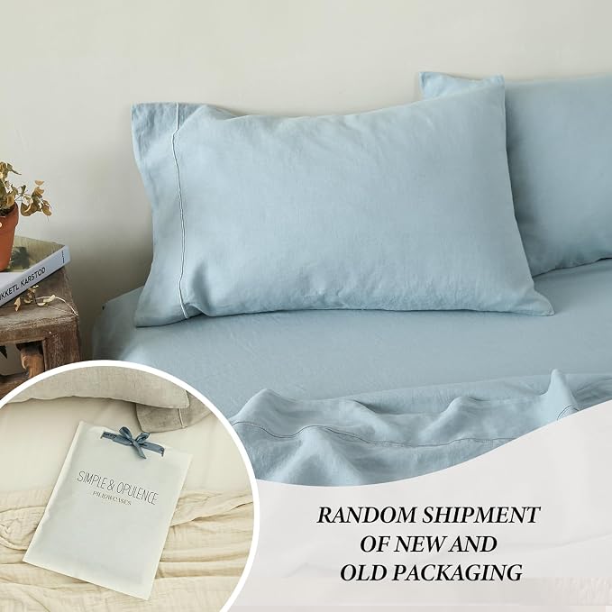 Simple&Opulence 100% French Linen Pillowcase King Size-Set of 2- Washed Solid Color Pillow Cases Embroidered -Soft and Durable (Dusty Blue, 20''x40'')