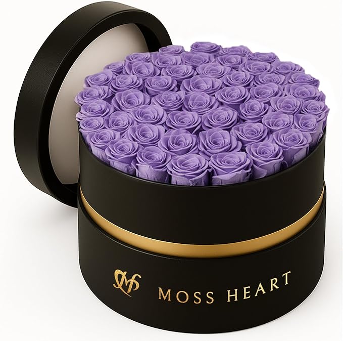 50 Petite Preserved Roses, Designer Round Box, Real Forever Roses Last 1+ Year, Premium Gift for Women, Wife, Girlfriend, Mother’s Day, Birthday, Anniversary, Valentine’s Day
