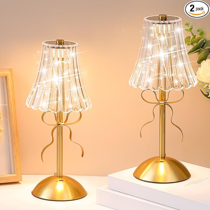 Liliful 2 Pcs Cordless Table Lamp Rechargeable Touch LED Small Gold Portable Battery Operated USB-c Desk Lamp 3 Color Dimmable for Bedroom Living Room Dining (Gold,Bow Rose Style)