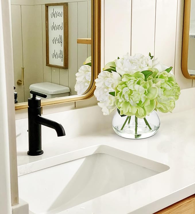 Hollyone White and Green Peonies Artificial Flowers with Vase Faux Flowers Peony Fake Flowers Silk Flower Arrangements in Glass Vase with Faux Water for Bathroom Table Centerpiece Shelf Home Decor